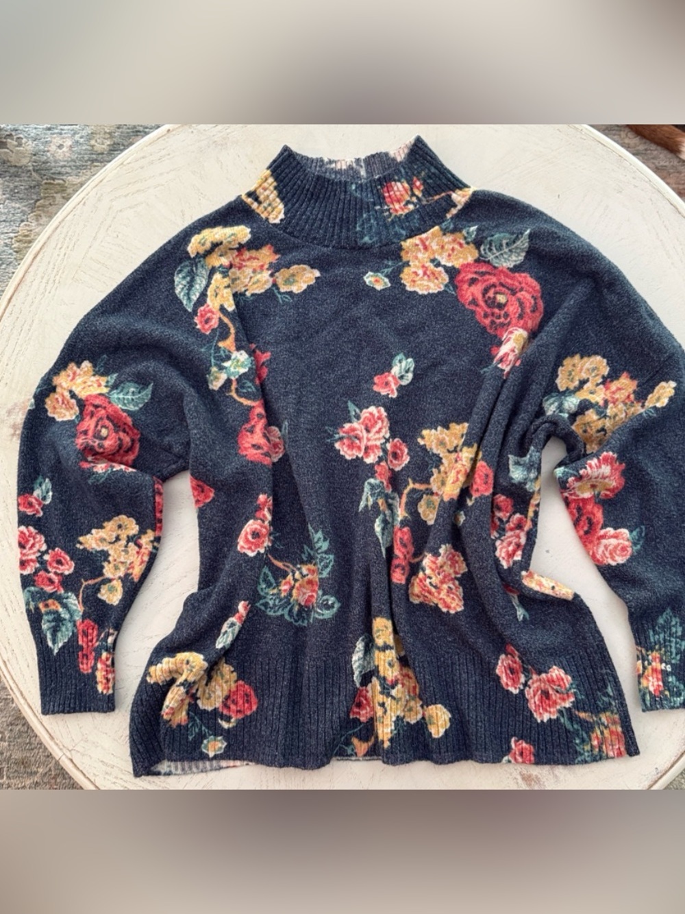 LC Lauren Conrad Navy Floral Mock Neck Sweater with Red & Yellow Roses 3XL 3/$40